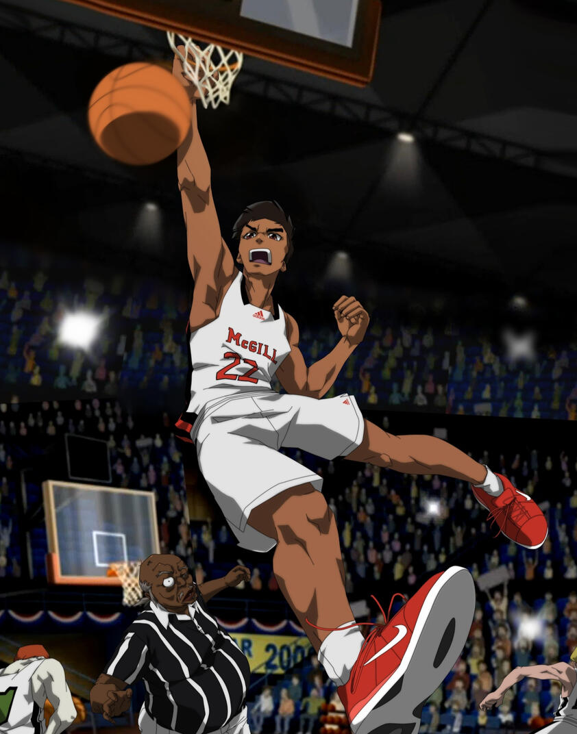 Commission: To draw a Boondocks style shot, involving creation of characters out of pictures; including a character from show in certain scenes. 1. Basketball.