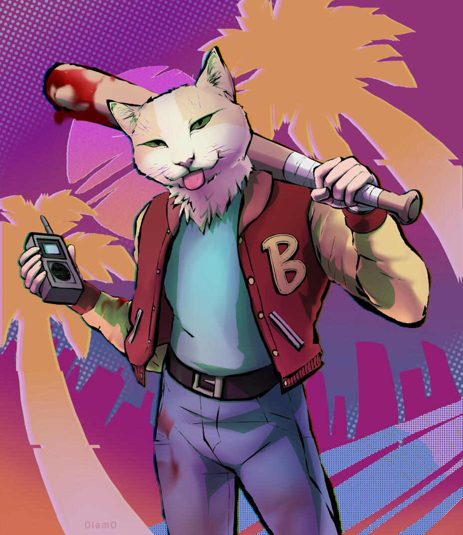 Commission: To draw a game character as a meme cat; vaporware aesthetic. [Hotline Miami]